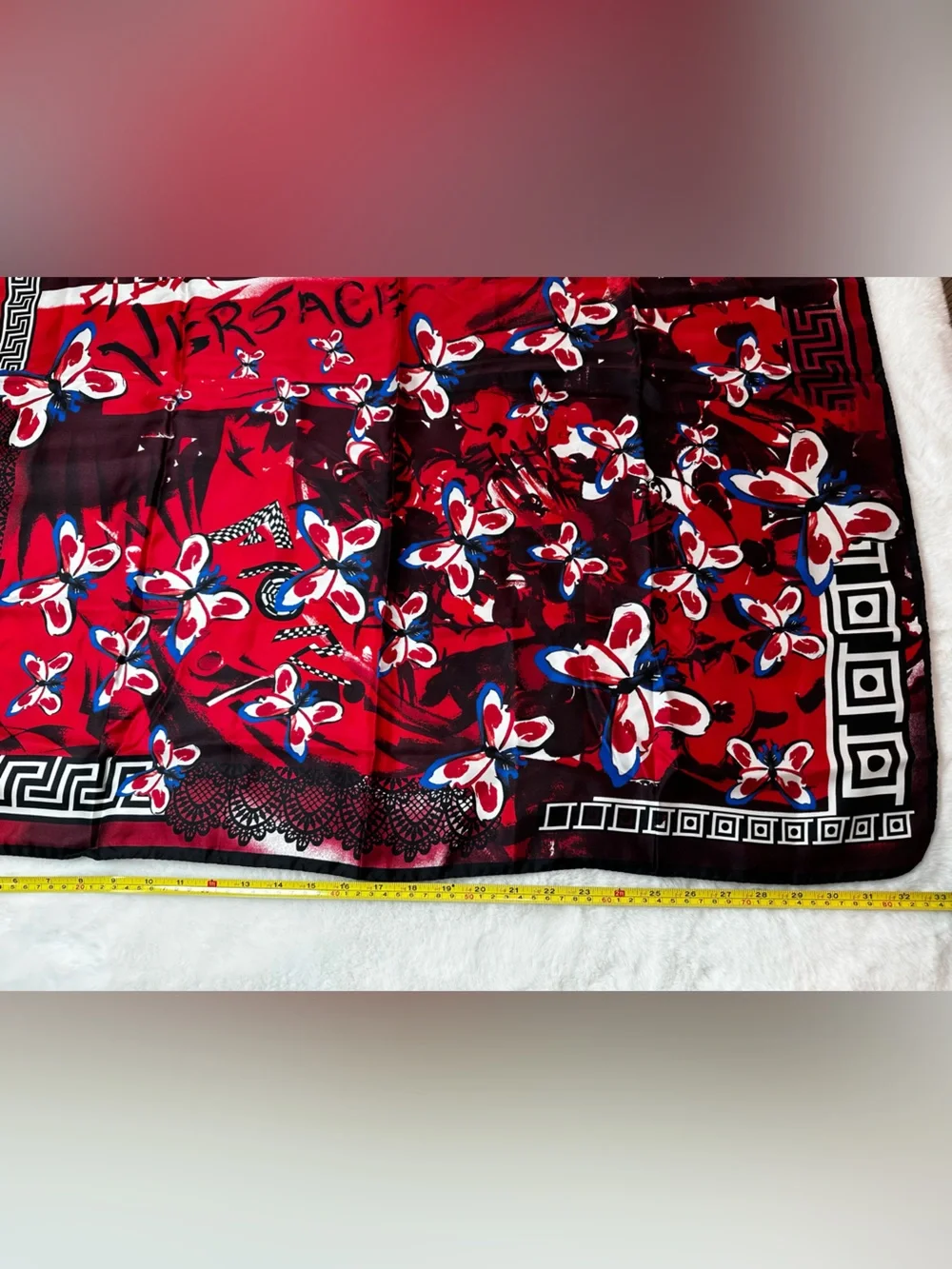 Versace Red Floral Silk-Blend Scarf with Blue & White Accents
